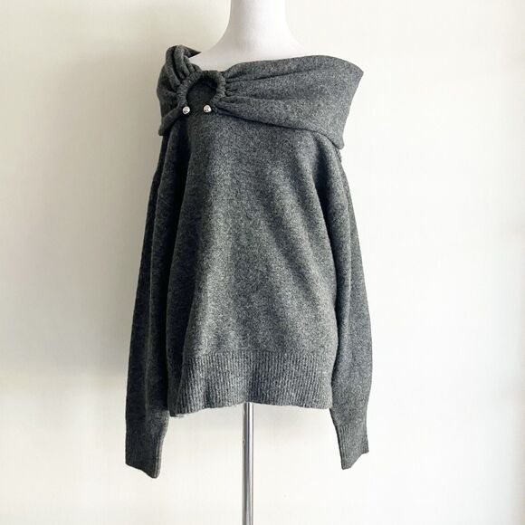 Zara Sweaters - Zara Off Shoulder Sweater Sz Medium Charcoal Gray Metal Ring Quiet Luxury
